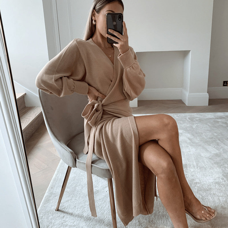 Women's V-neck sweater dress in multiple colors