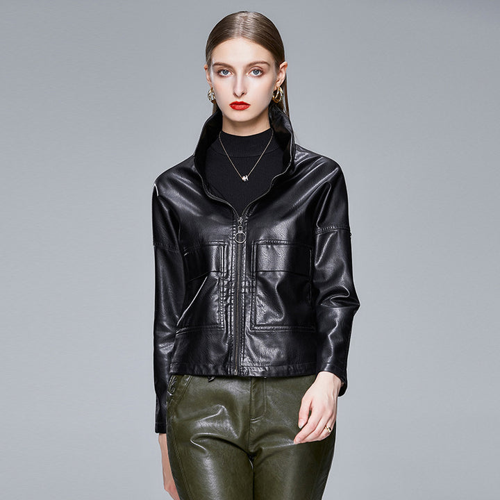 Women's black faux leather jacket with lapel collar