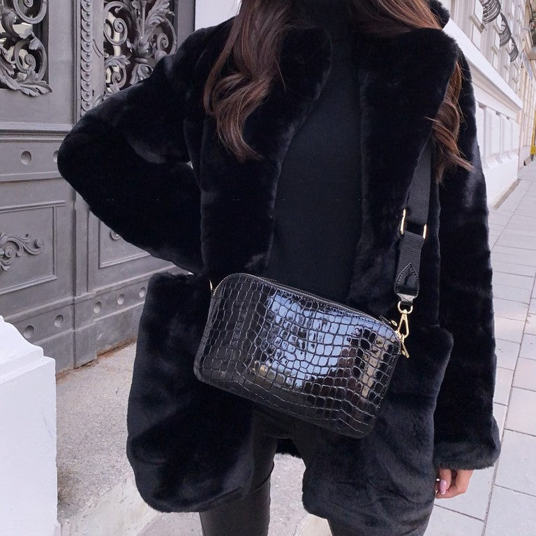 Women's long faux fur coat with lapel collar
