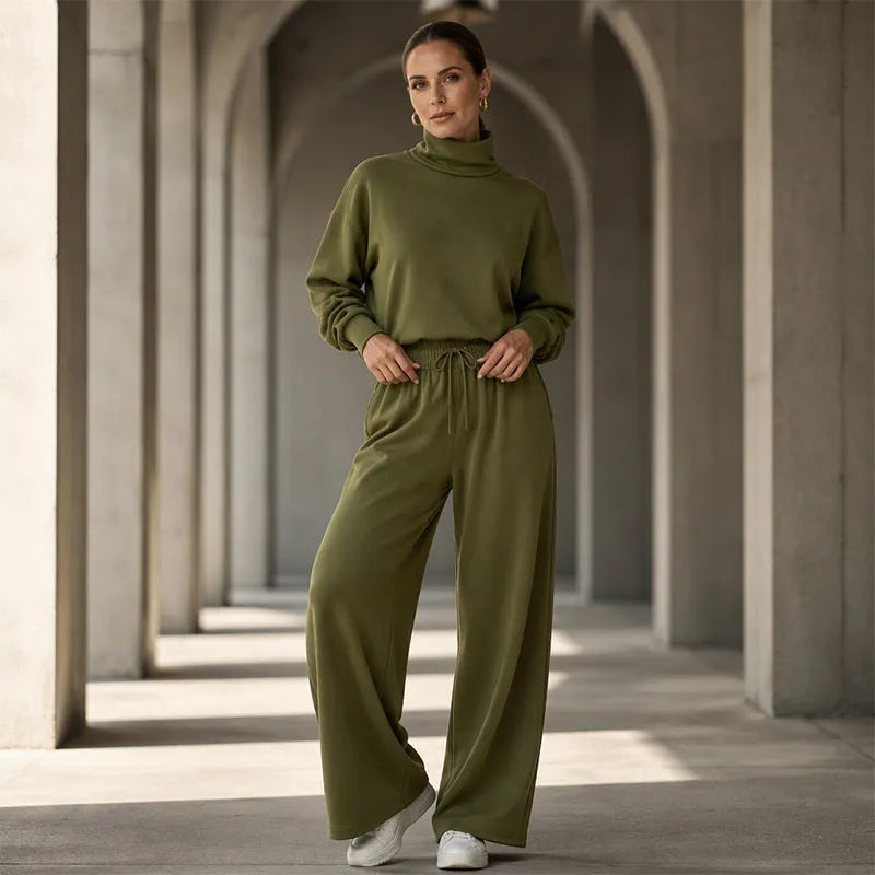 Woman wearing turtleneck two piece set with wide-leg pants