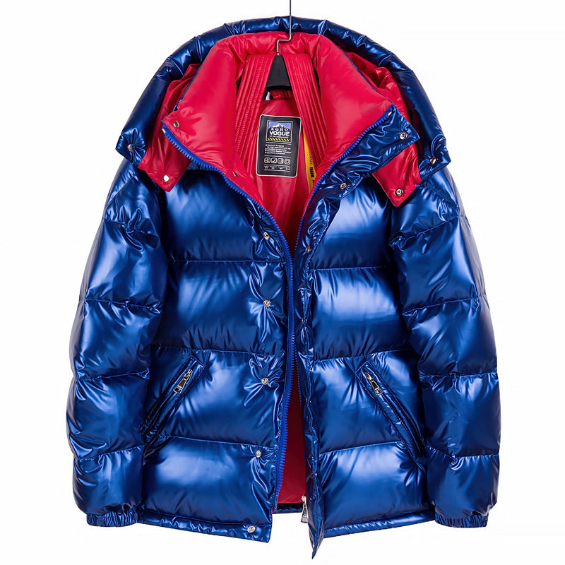 Women's glossy puffer jacket with color block design