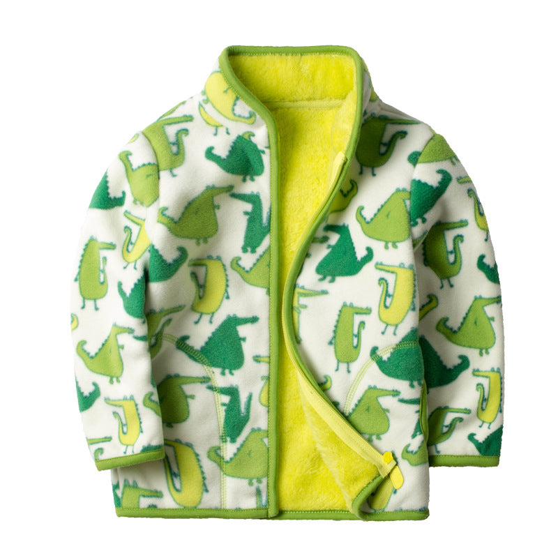 Printed polar fleece jacket cardigan with long sleeves and open front