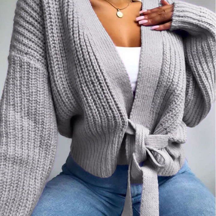 Women's knit cardigan with V-neck and lantern sleeves