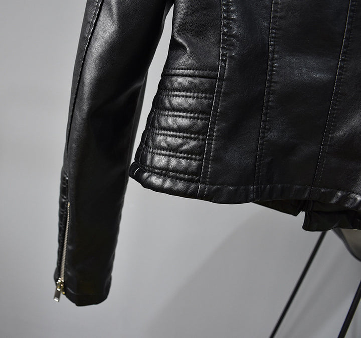 Women's faux leather jacket with suit collar