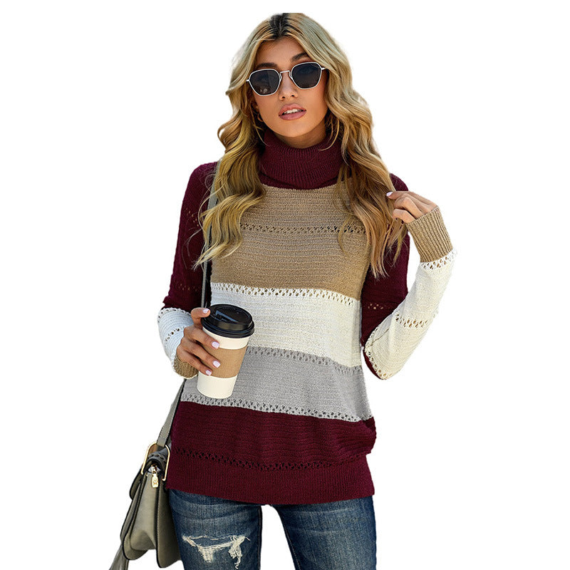Woman wearing knit turtleneck sweater with contrast stitching