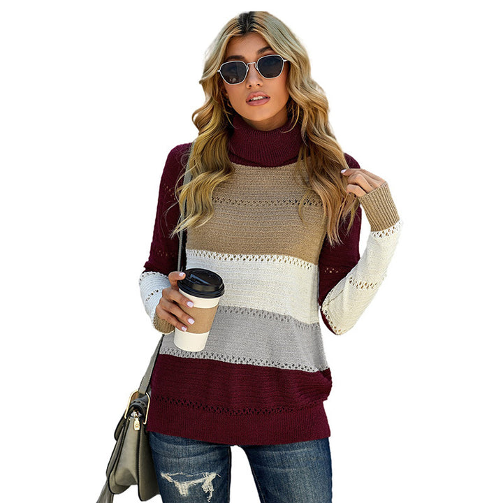 Woman wearing knit turtleneck sweater with contrast stitching
