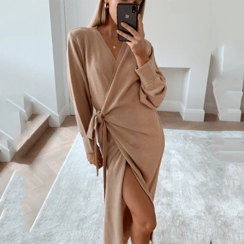 Women's V-neck sweater dress in multiple colors