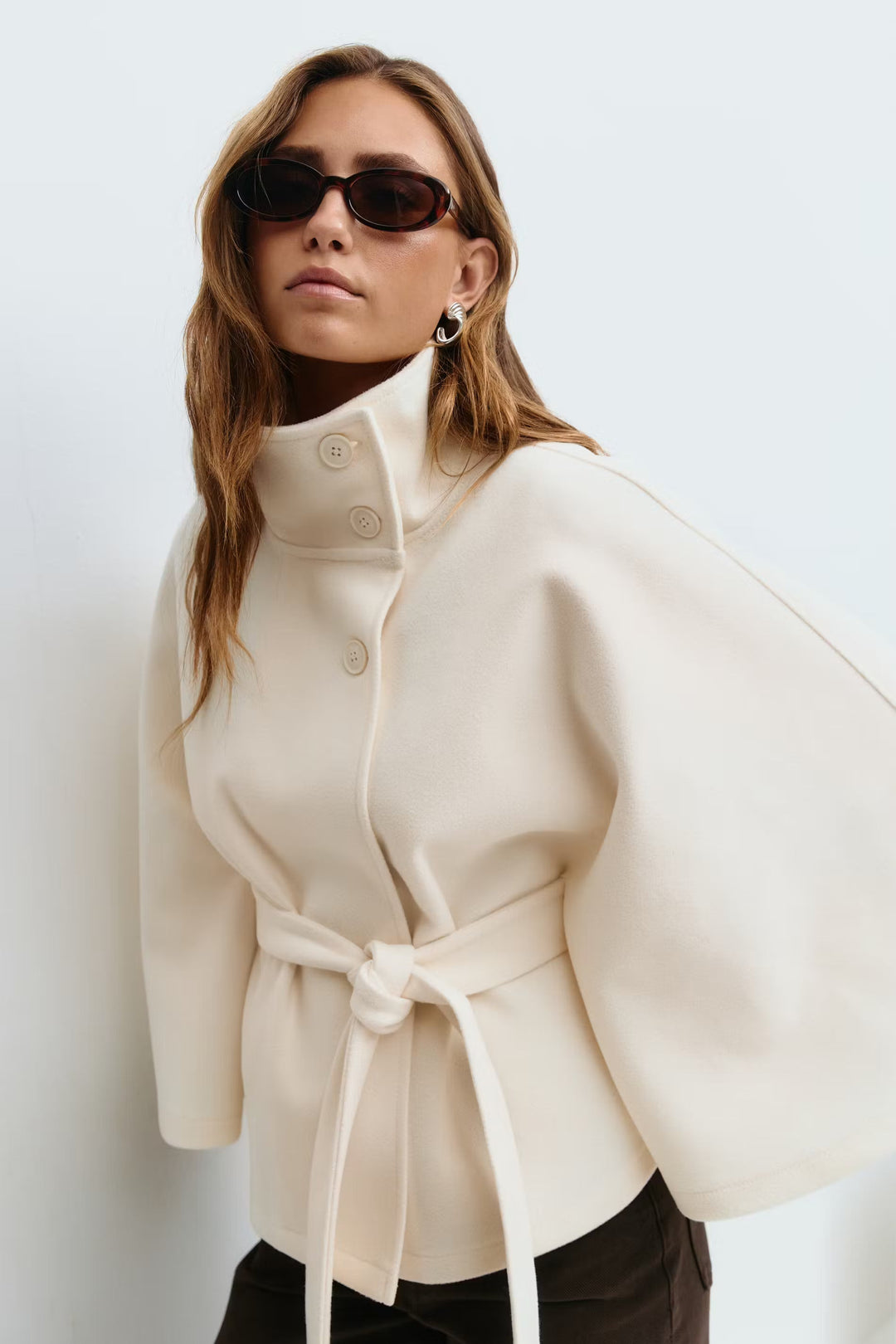 Solveig | Women's Wool Batwing Funnel-Neck Belted Cape Coat