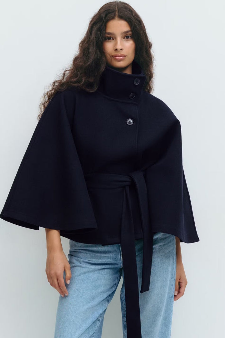 Solveig | Women's Wool Batwing Funnel-Neck Belted Cape Coat