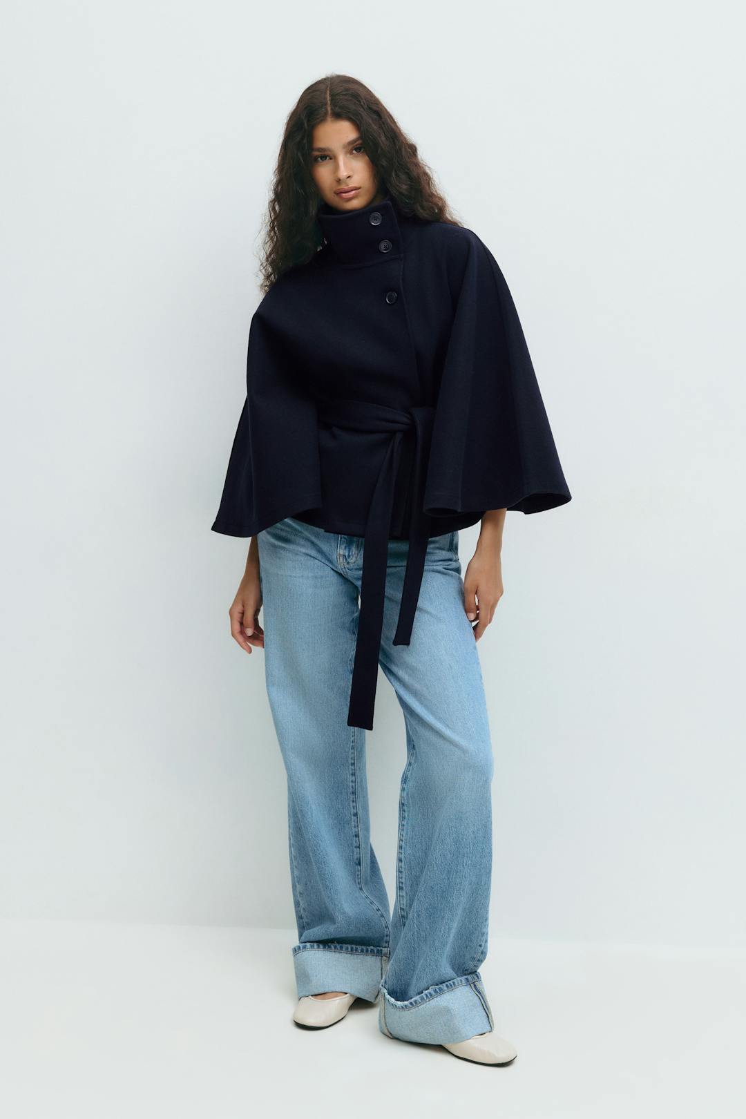Solveig | Women's Wool Batwing Funnel-Neck Belted Cape Coat