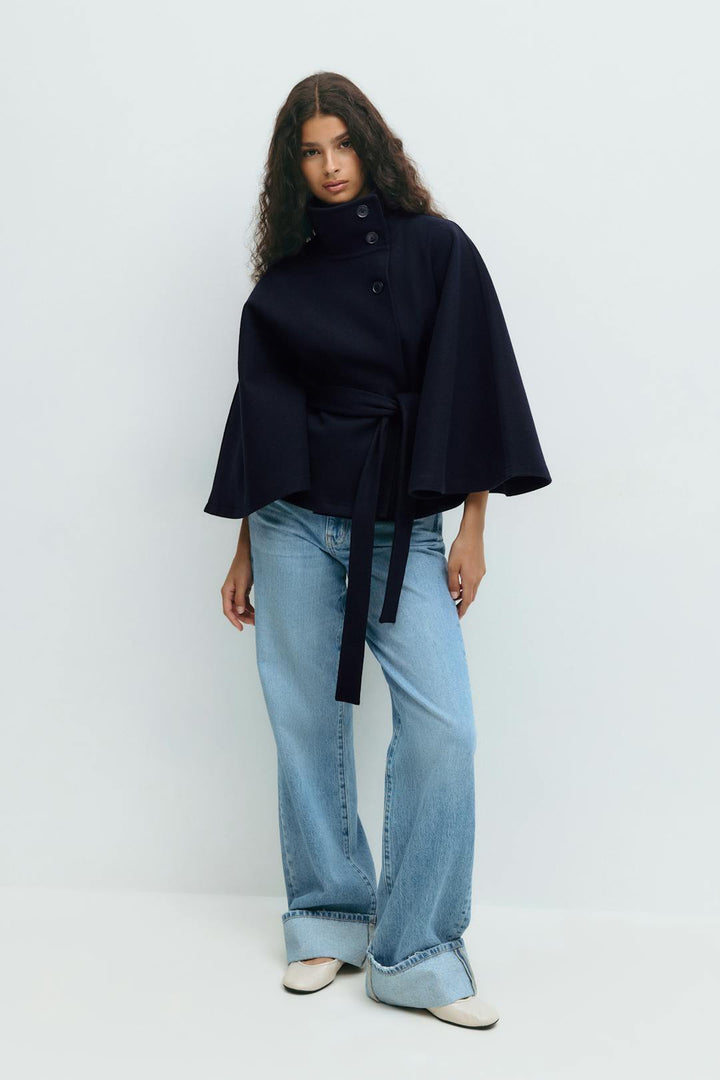 Solveig | Women's Wool Batwing Funnel-Neck Belted Cape Coat