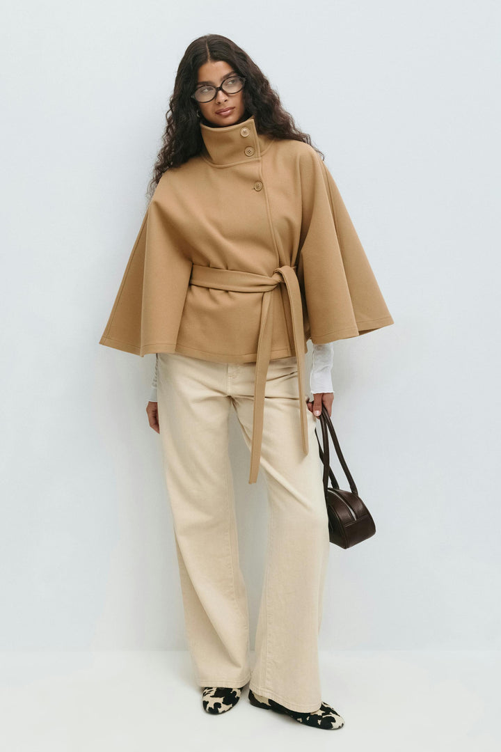 Solveig | Women's Wool Batwing Funnel-Neck Belted Cape Coat