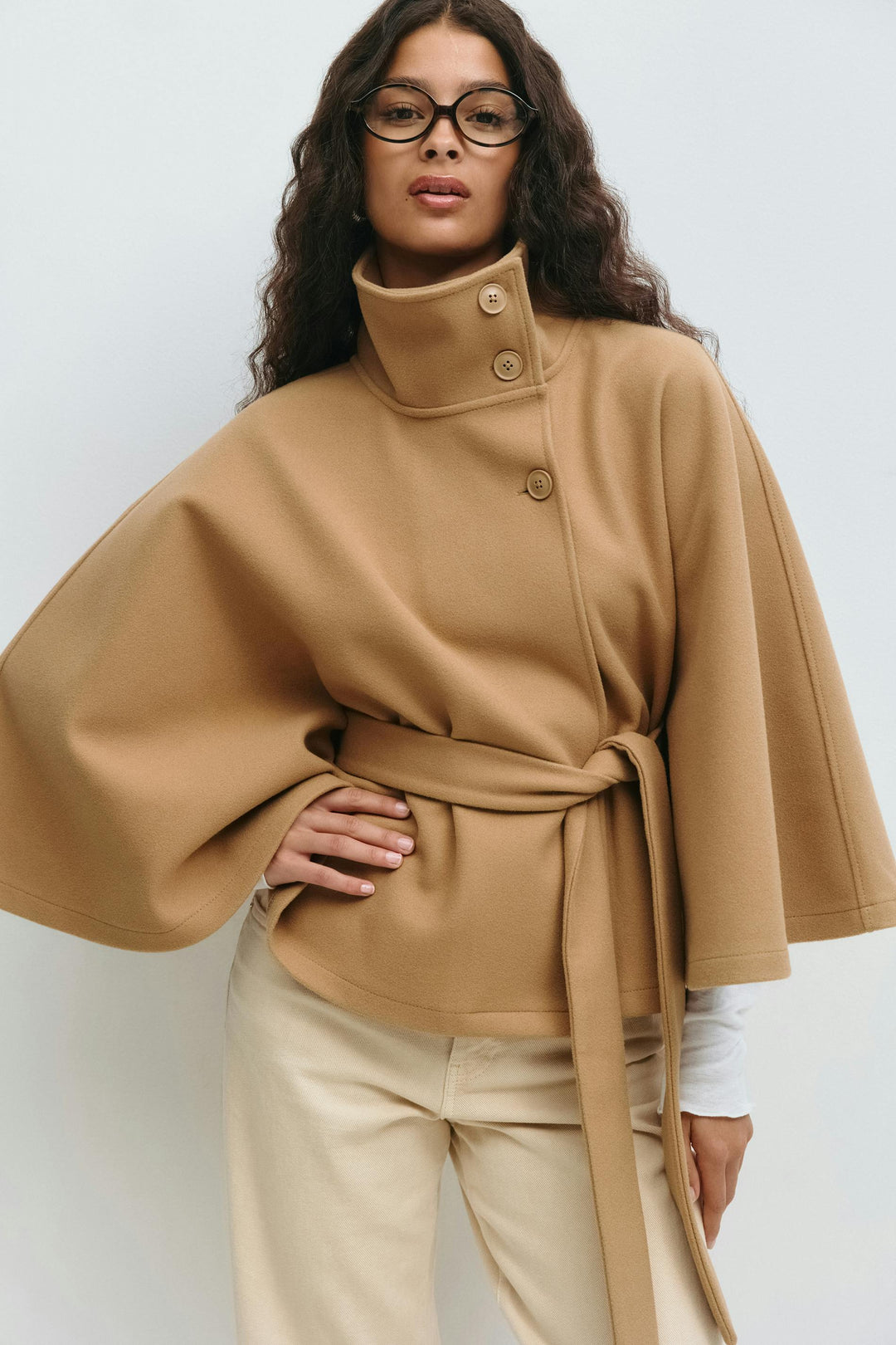Solveig | Women's Wool Batwing Funnel-Neck Belted Cape Coat