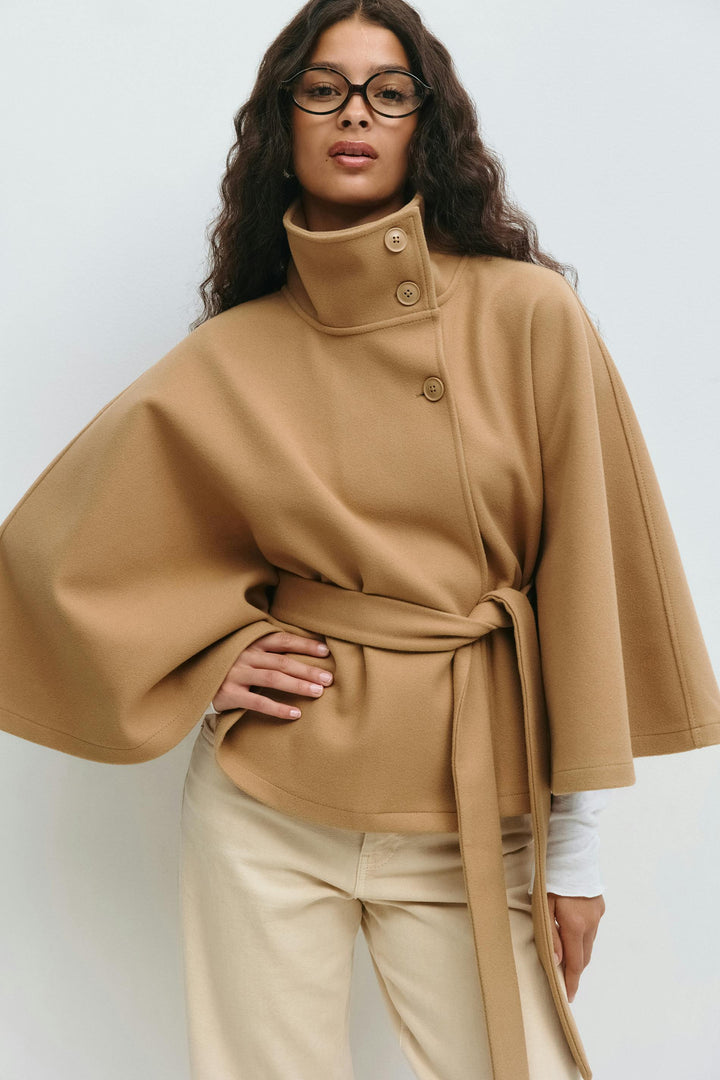Solveig | Women's Wool Batwing Funnel-Neck Belted Cape Coat