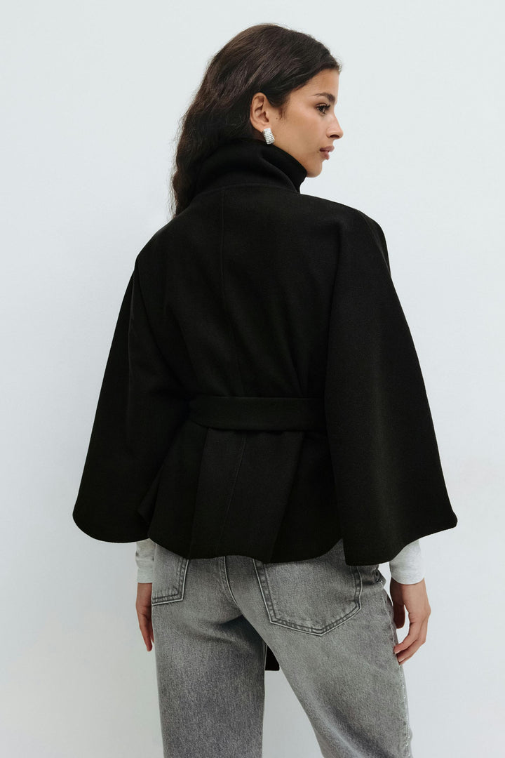Solveig | Women's Wool Batwing Funnel-Neck Belted Cape Coat