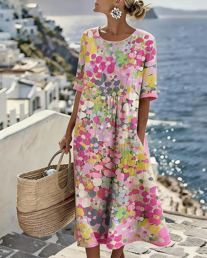 Woman wearing floral print midi dress with short sleeves