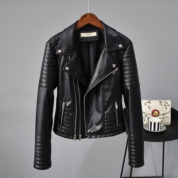 Women's faux leather jacket with suit collar