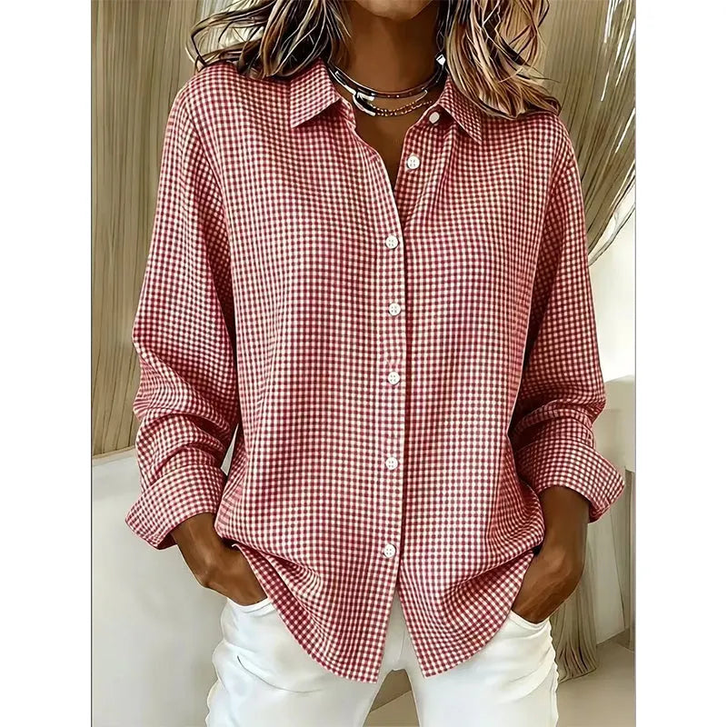 Woman wearing gingham button front long sleeve blouse