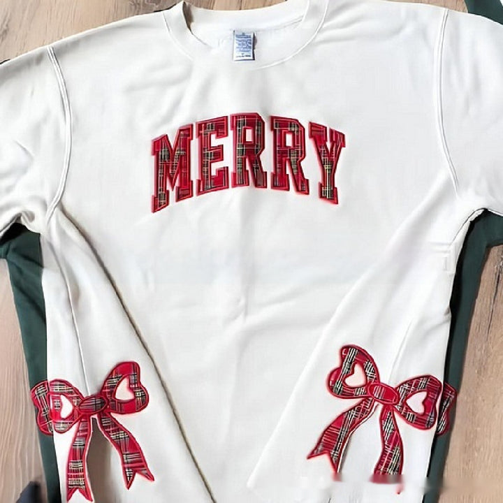 Women's white houndstooth sweater with bow embroidery
