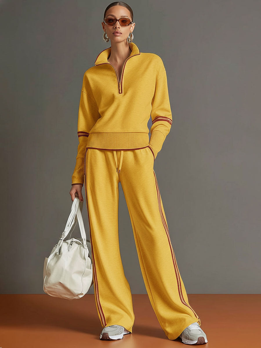 Woman wearing relaxed two piece wide leg set with blouse