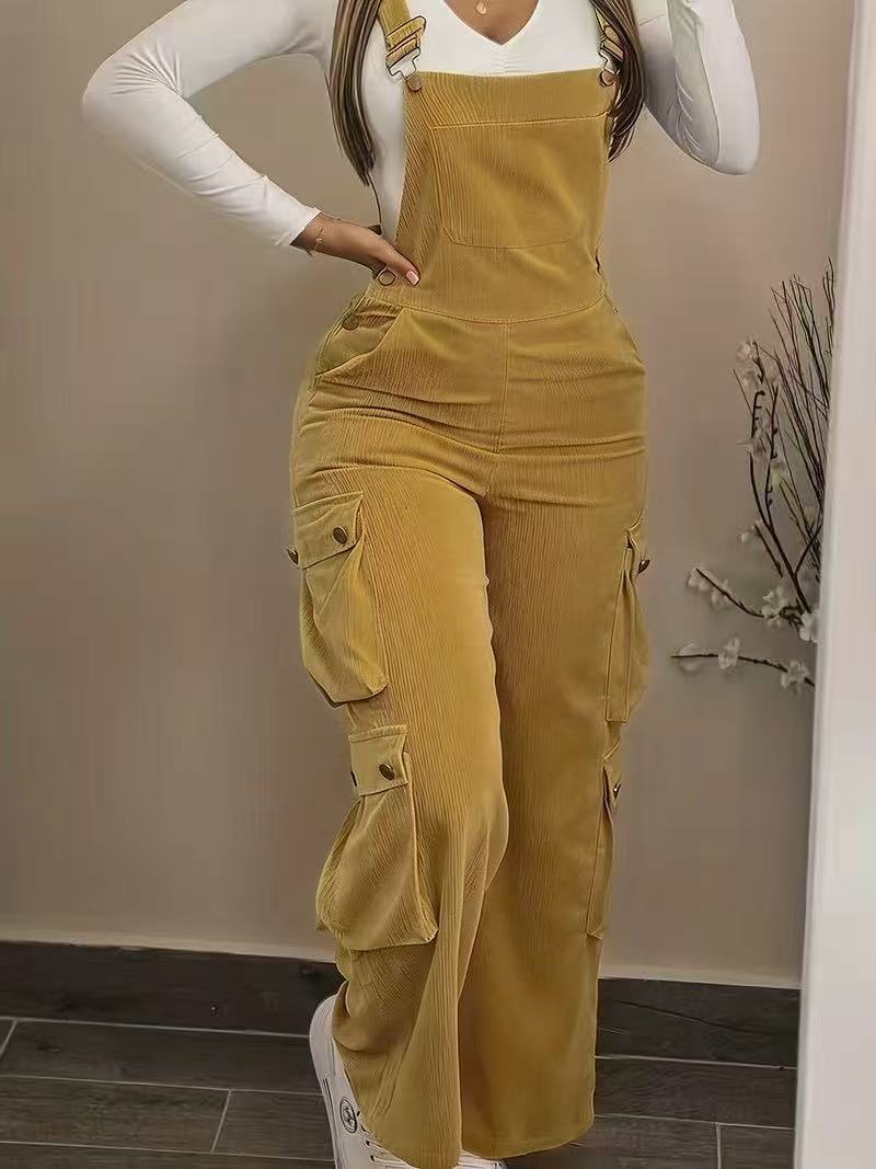 Woman wearing corduroy overalls with pockets