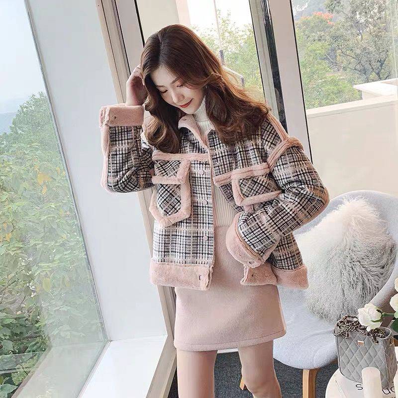 Women's lamb plush coat with polo collar, khaki and pink