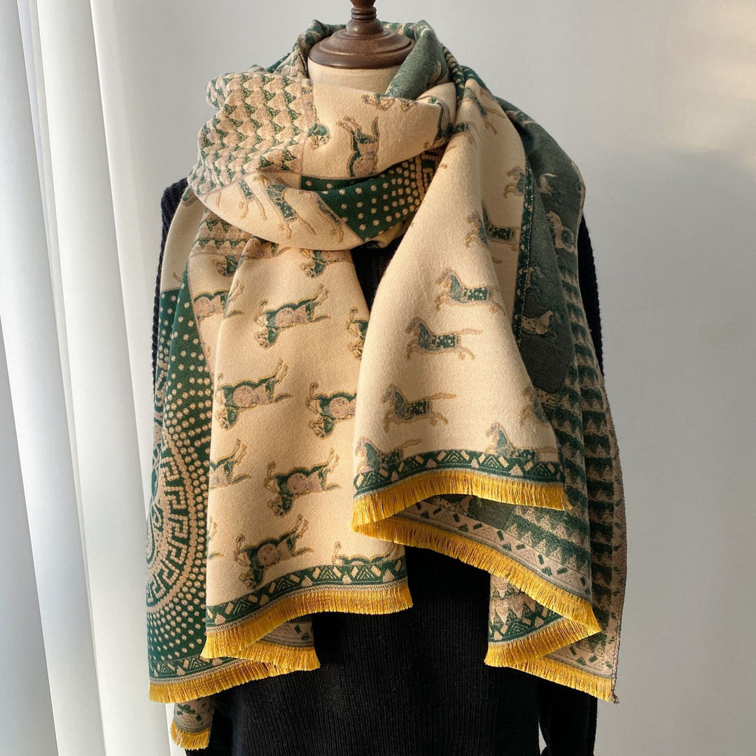 Women's retro jacquard tassel winter scarf