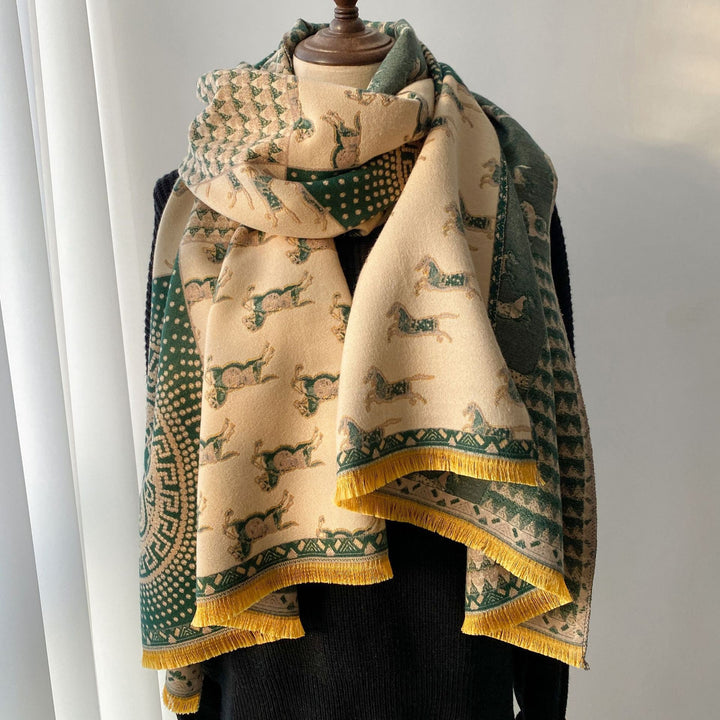 Women's retro jacquard tassel winter scarf