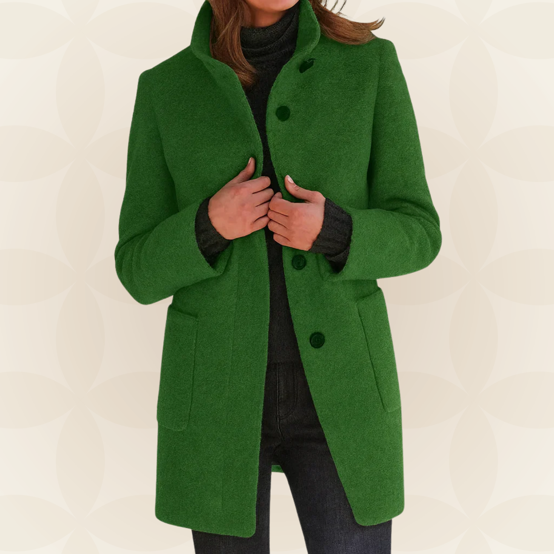 Woman wearing straight-cut winter coat with high collar