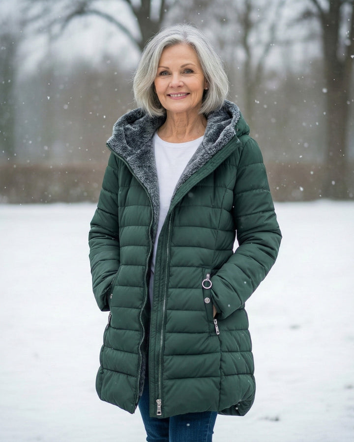 Women's fleece-lined A-line puffer coat front view