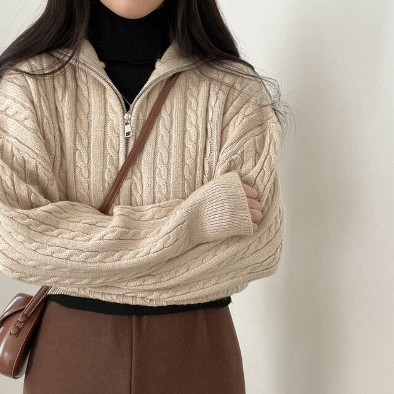 Marigold | Women's Cable-Knit Zip-Front Funnel-Neck Cropped Sweater