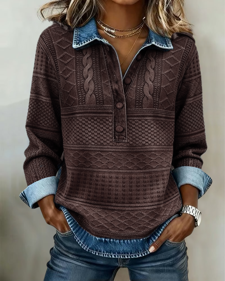 Woman wearing half button collared knit sweatshirt