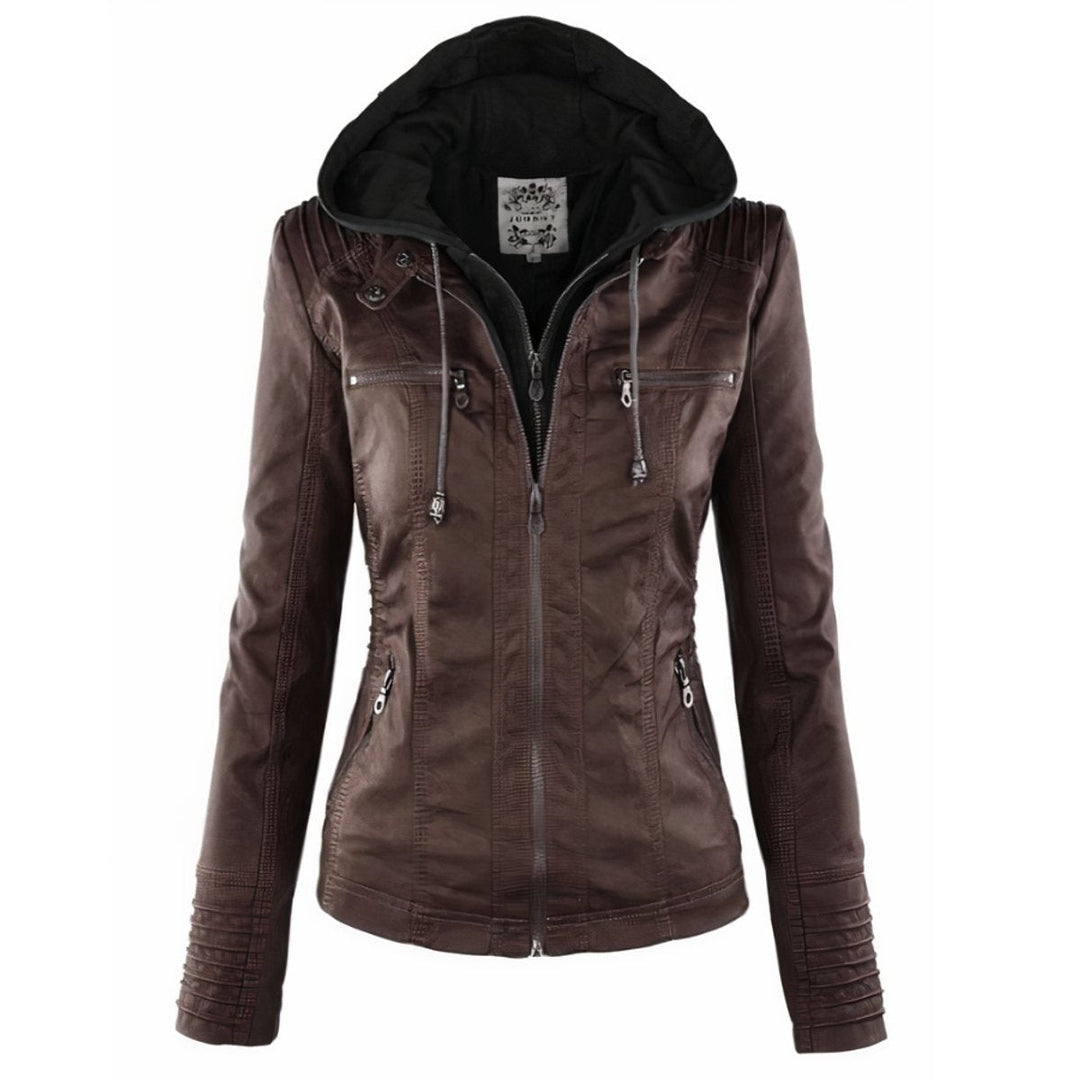 Rosaline | Women's Faux-Leather Hooded Zip-Front Fitted Jacket