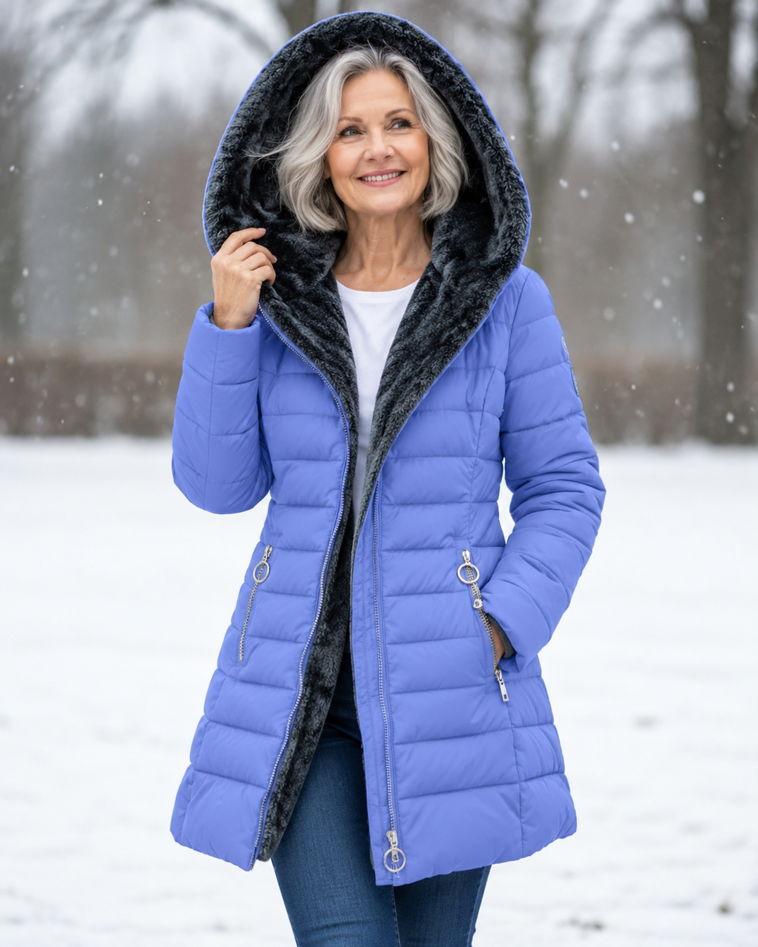 Women's quilted winter coat with hood on model