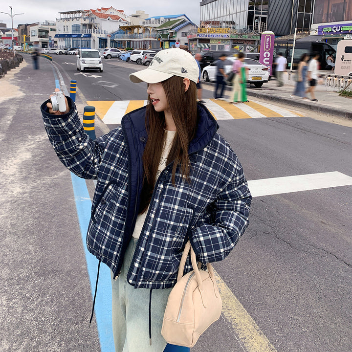 Women's quilted puffer jacket with plaid patchwork design