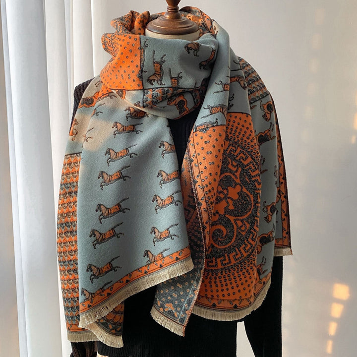 Women's retro jacquard tassel winter scarf
