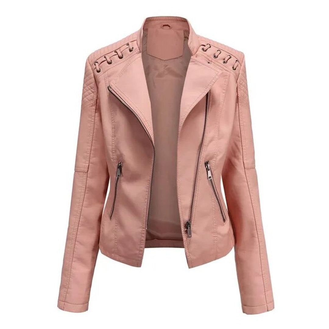 Raphaelle | Women's Faux-Leather Stand-Collar Zip-Front Fitted Jacket