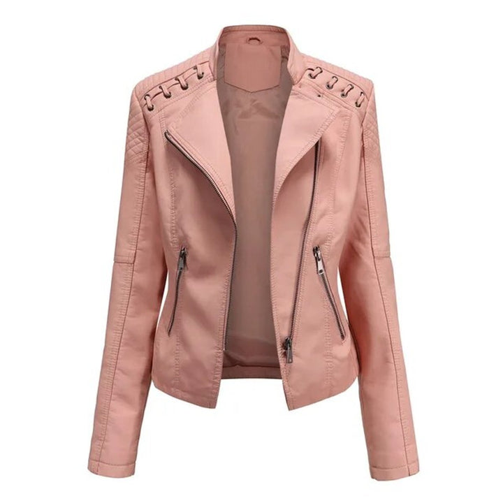 Raphaelle | Women's Faux-Leather Stand-Collar Zip-Front Fitted Jacket
