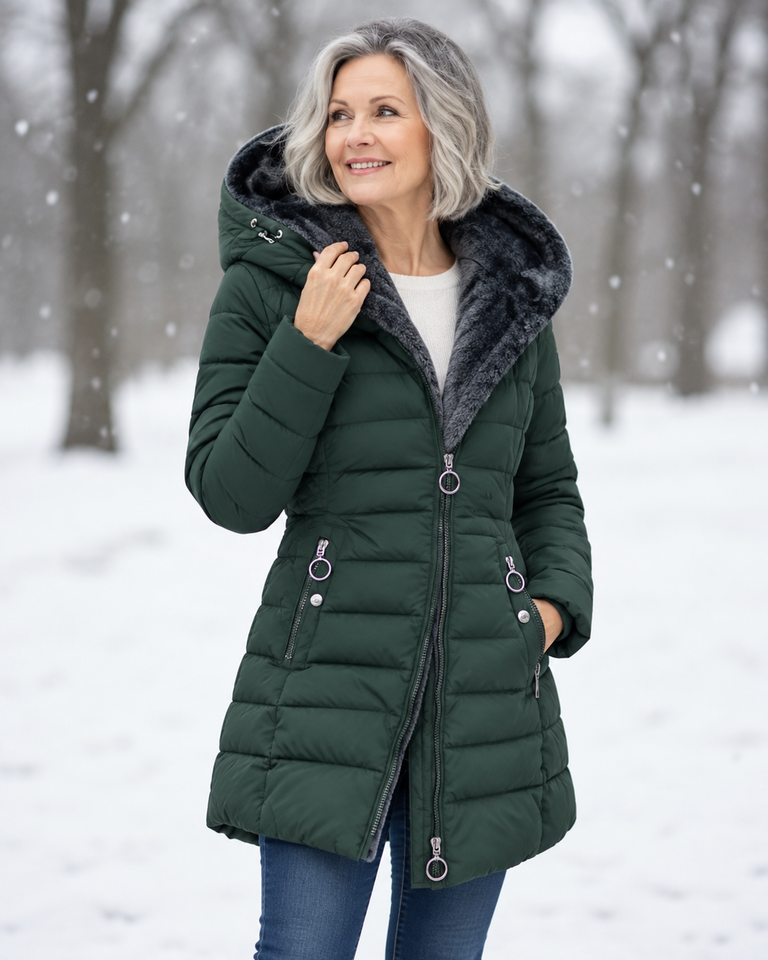 Women's quilted winter coat with hood on model