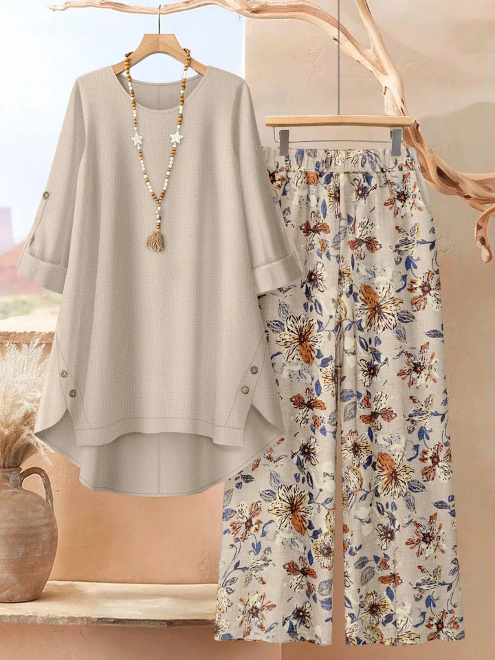 Women's leaf print tunic and wide leg pants set
