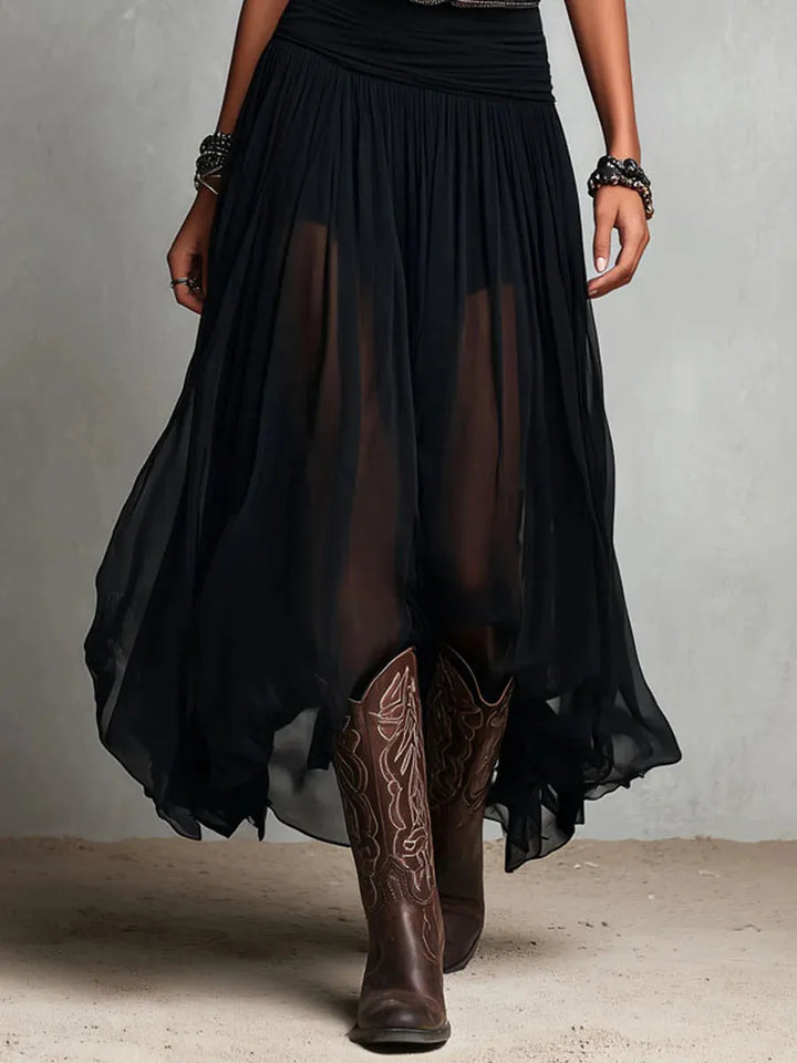 Woman wearing double layer maxi dress with belt