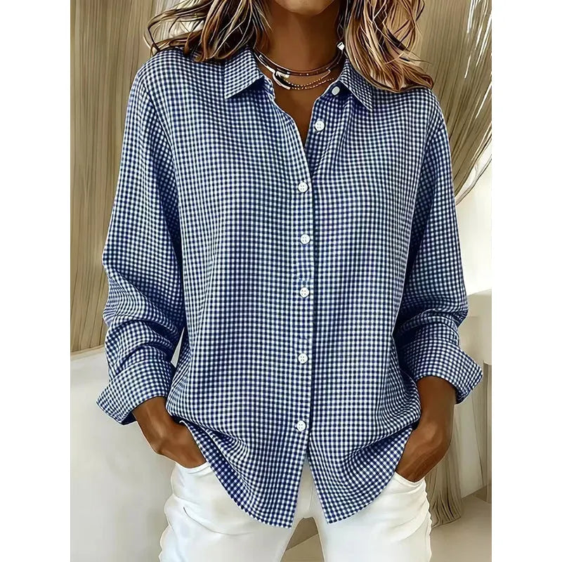 Woman wearing gingham button front long sleeve blouse