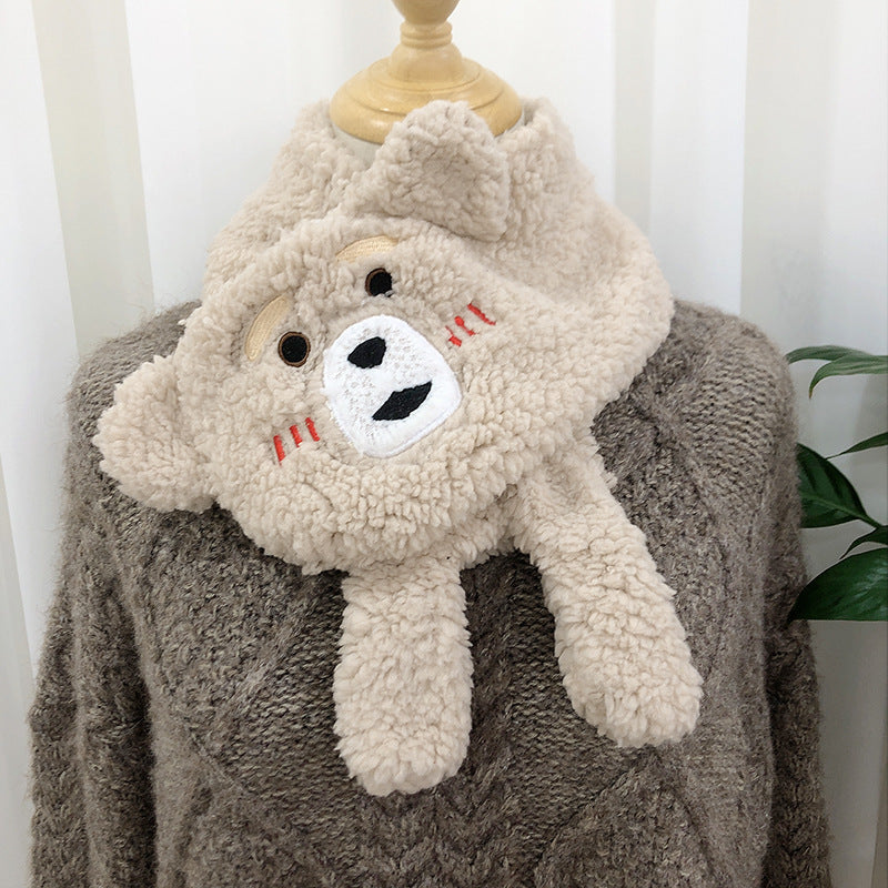 Women's bear plush lamb wool winter scarf, front view