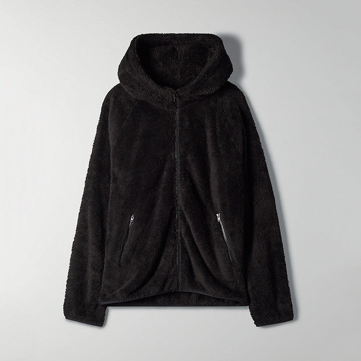 Woman wearing black zip-up hooded blazer front view