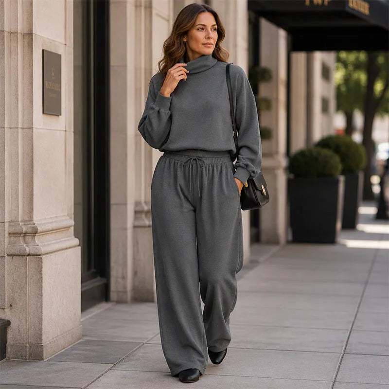 Woman wearing turtleneck two piece set with wide-leg pants
