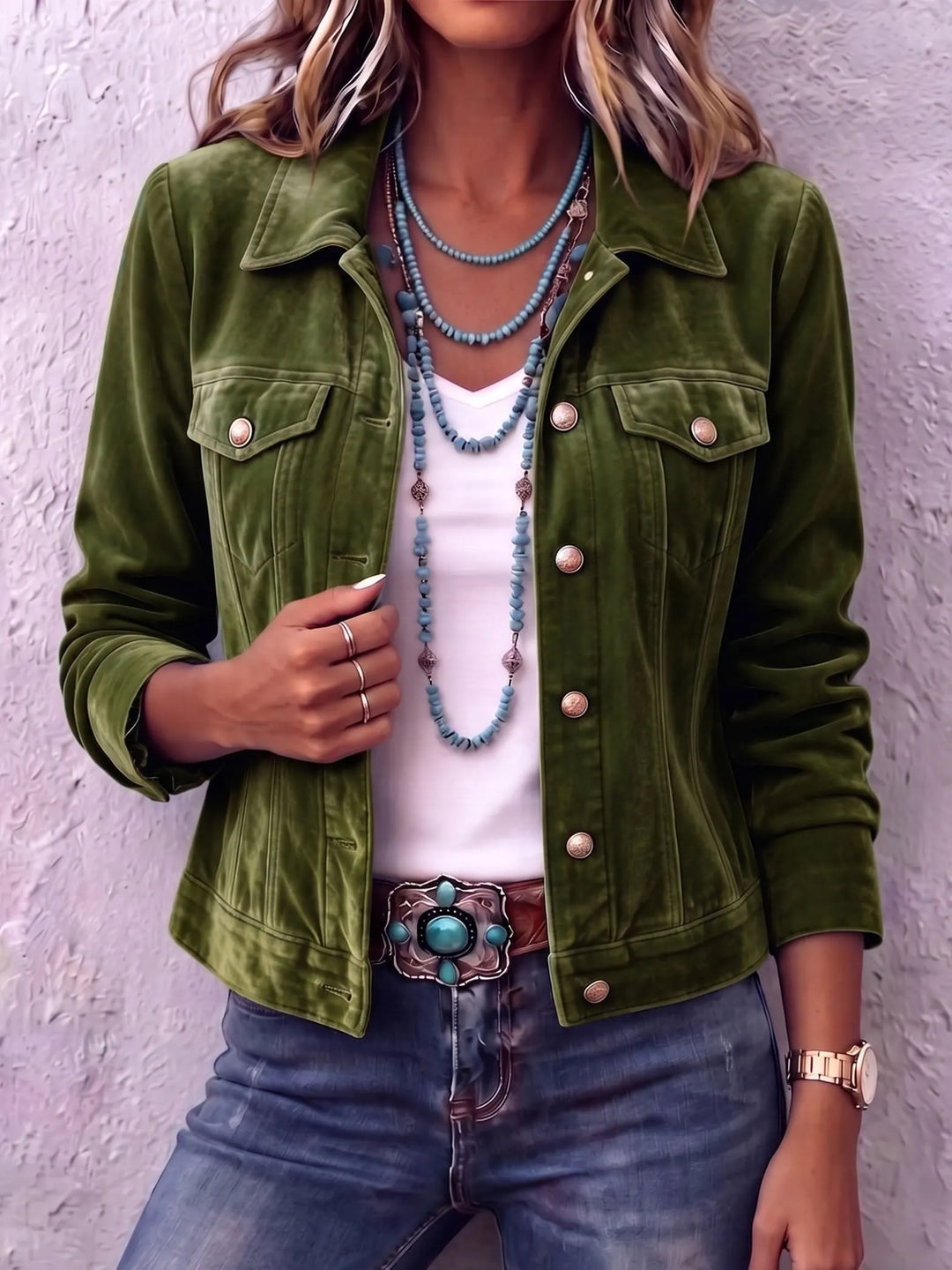 Women's button front vintage wash jacket with chest pockets