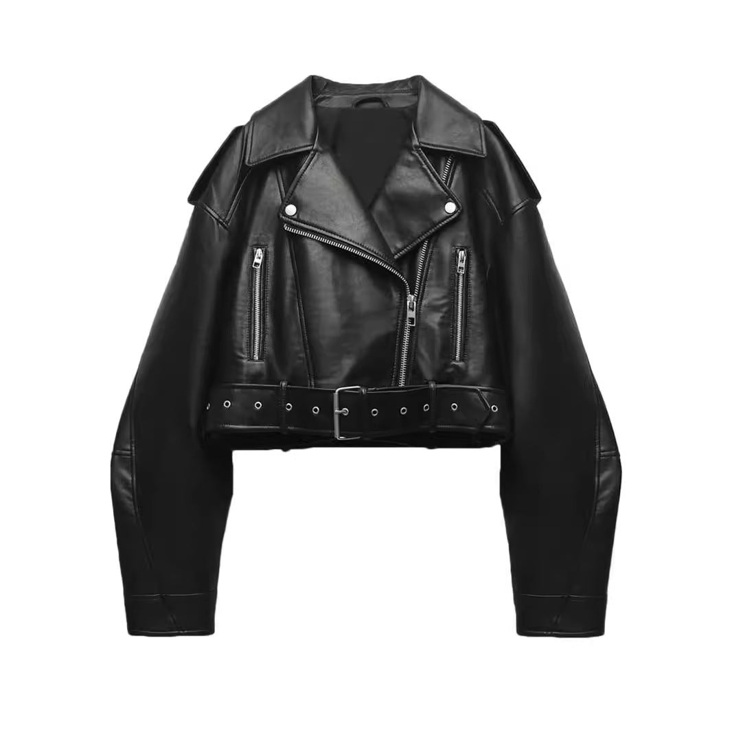 Women's washed leather moto jacket in solid color