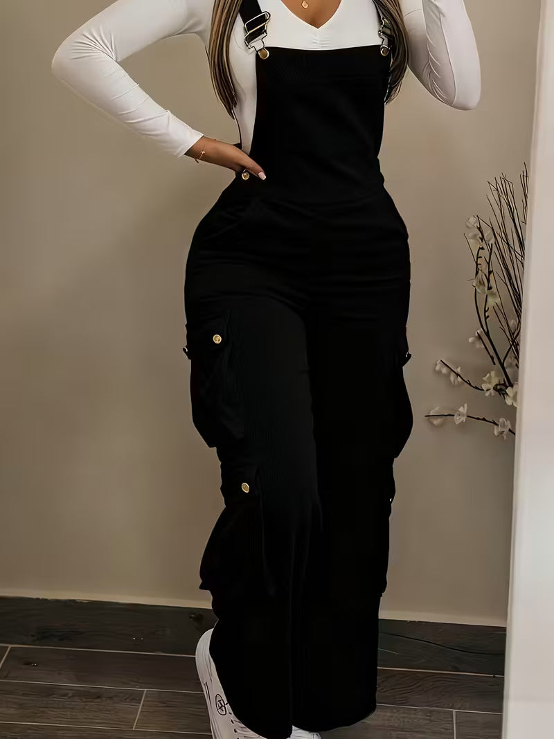 Woman wearing corduroy overalls with pockets