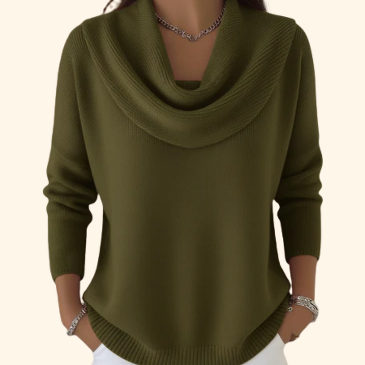 Women's cowl neck knit sweater with long sleeves