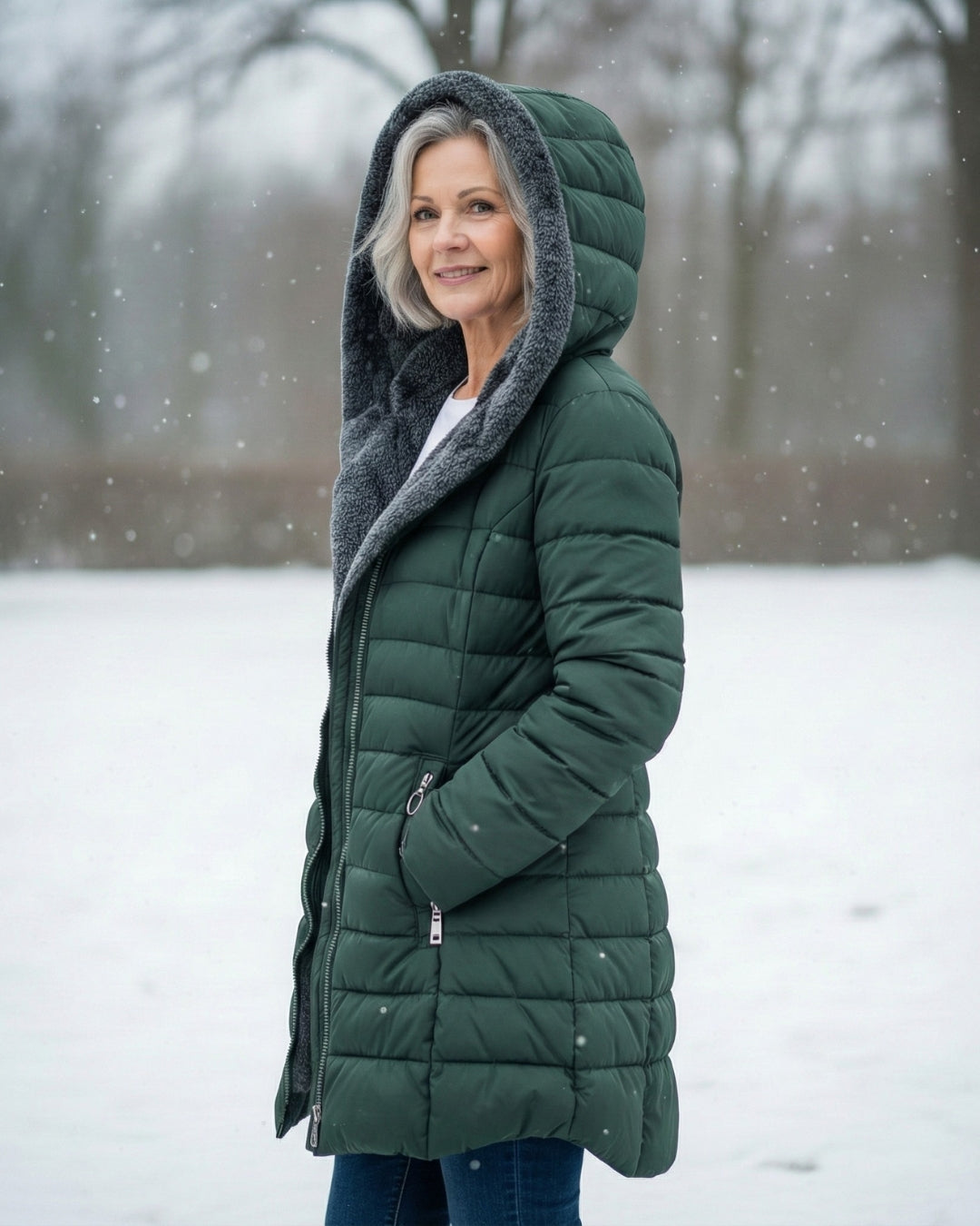 Women's fleece-lined A-line puffer coat front view